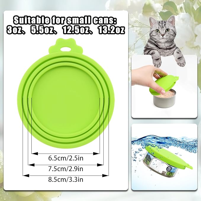 PINE & LINEN 4 Pcs Durable Pet Can Lids,One fit 3 Standard Size Silicone Waterproof Cat Food Cans Lids for 3oz/5.5oz/12.5oz/13.2oz Cat Food Cans（Green）