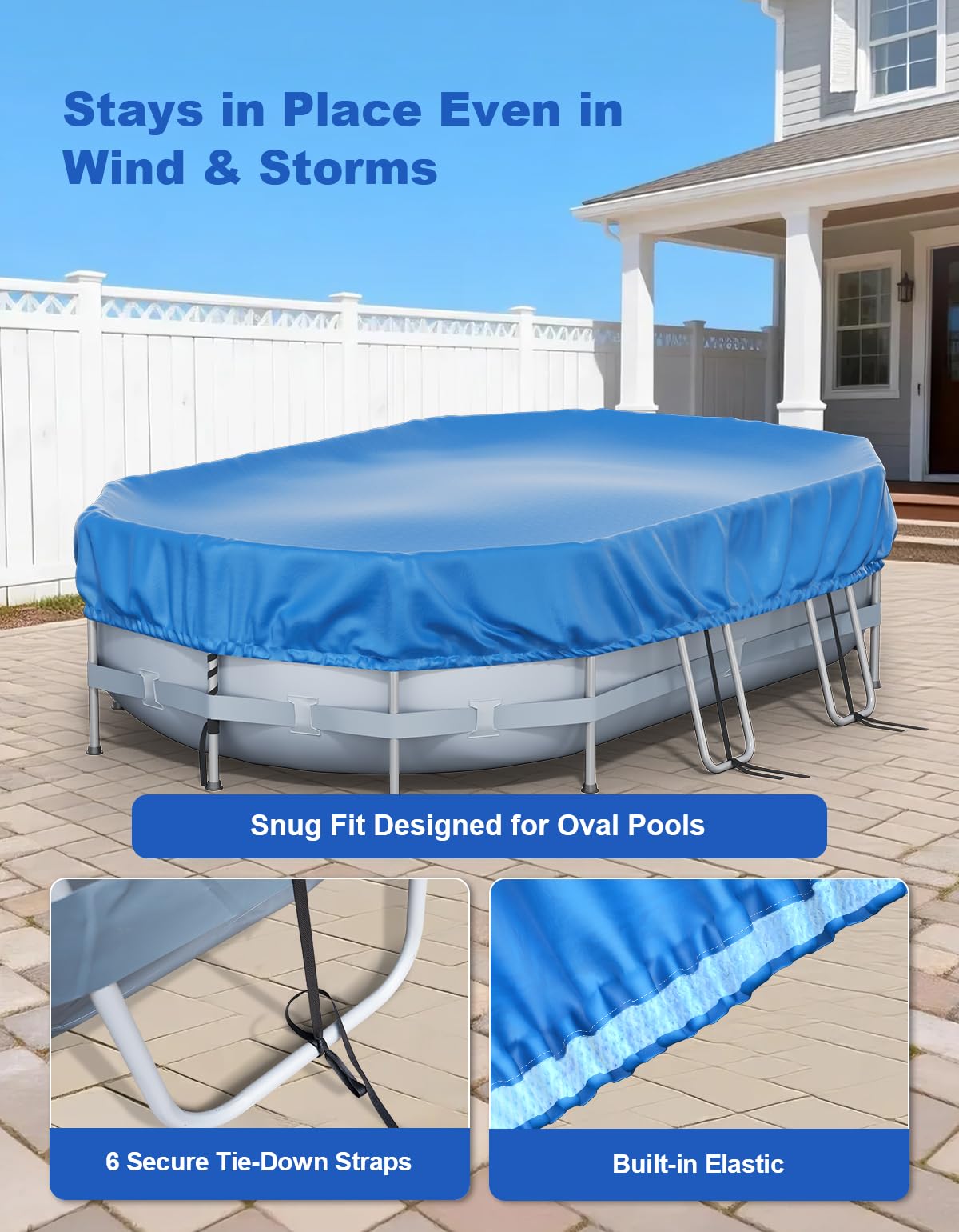 Feelife 16’ x 10’ Oval Pool Cover for Above Ground Pools, Built-in Elastic & 6 Integrated Cords, Easy 20s Setup, Above Ground Swimming Pool Cover Fits 16’ x10’ & 14’x8.2’ Pools
