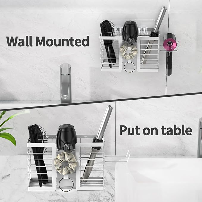 FUNKYLEE Bathroom Organizers and Storage, 3 in 1 Metal Wall Mount for Flat Iron, Curling Iron, Straightener, Hair Care & Styling Tools (White)