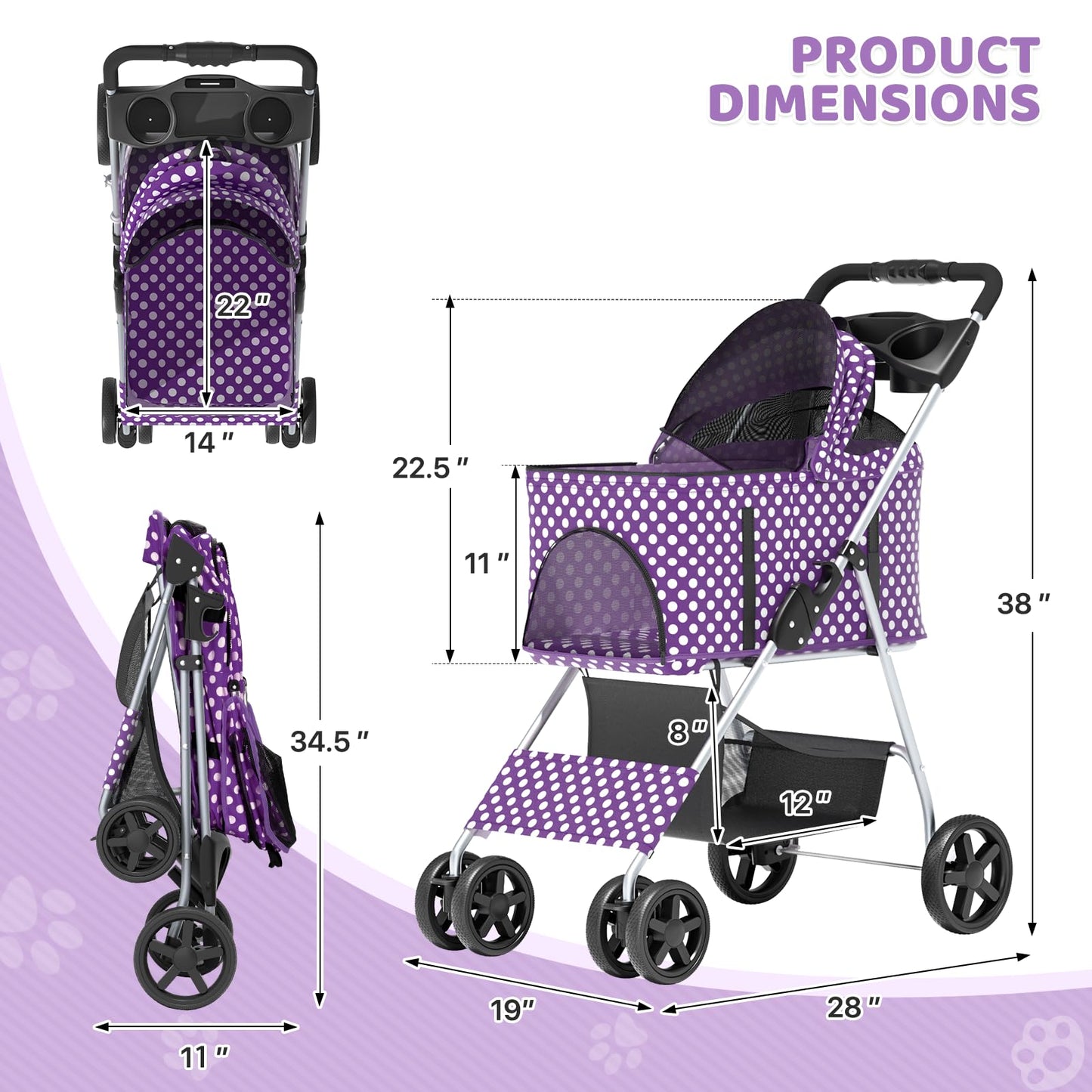 Magshion Foldable Pet Stroller, 3-in-1 Dog Travel Jogger with Detachable Carrier, Cup Holder, Storage Basket, Folding Carrier for Small/Medium Dogs & Cats Up to 33 lbs, Purple Polka Dots