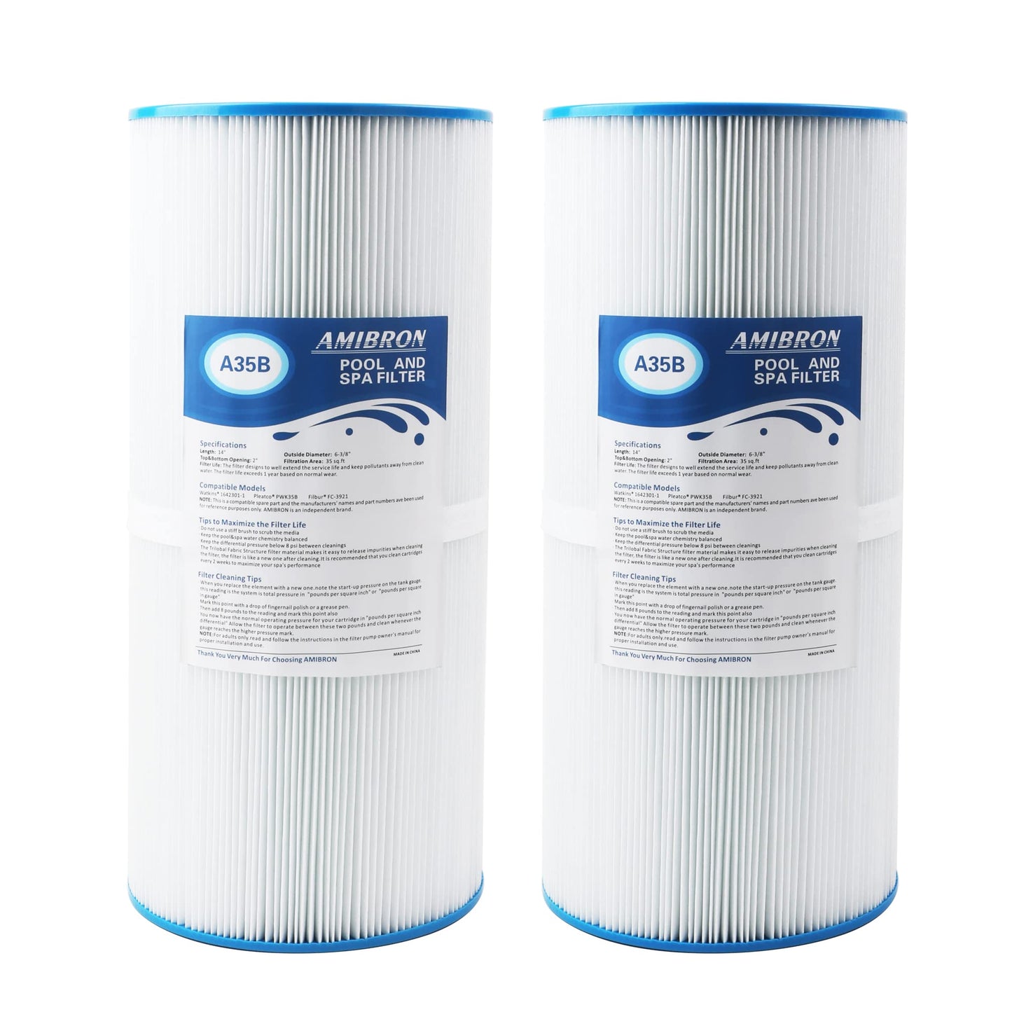 AmiBron PWK35B Replaces Hot Springs Limelight Series Spa Filters, Compatible with Watkins 1642301-1, 78161, 78286, Filbur FC-3921, Pleated Fabric Filter Media 2 Pack