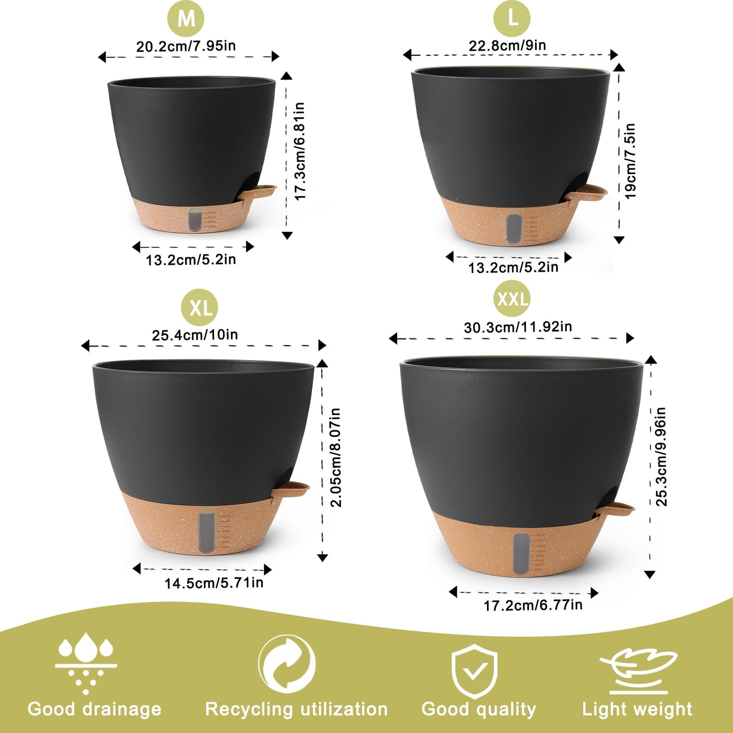 WEICHENGXING Plant Pots,12/10/9/8/ Inch Large Plastic Self Watering Flower Pots Indoor Outdoor with Drainage Holes, Deep Reservoir,Nursery Planting Pot for Indoor Out Door Plants Black
