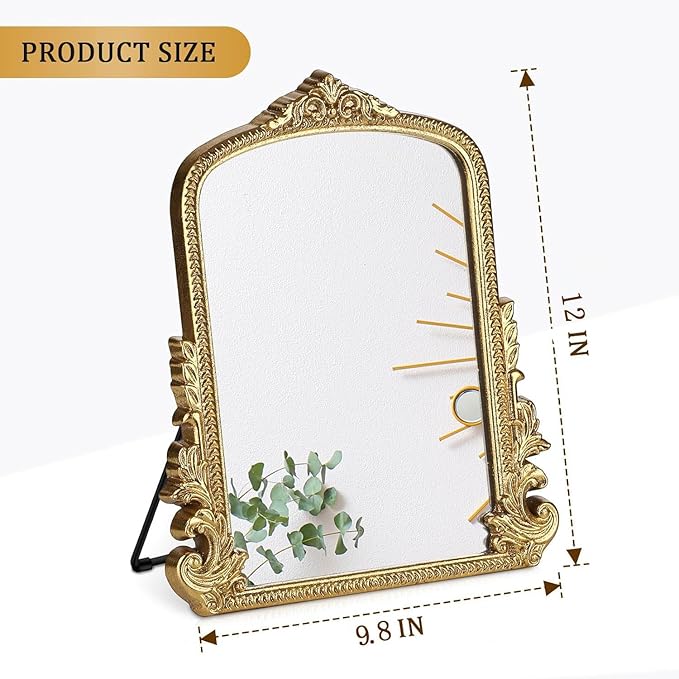 Vintage Makeup Mirror, Vanity Desk Mirror Antique Traditional Tabletop Mirror, Standing, Hang or Wall Mounted, Adjustable Dress-up Mirror, Gold Decor Mirror for Living Room,Bedroom (gold, 12*9.8 in)