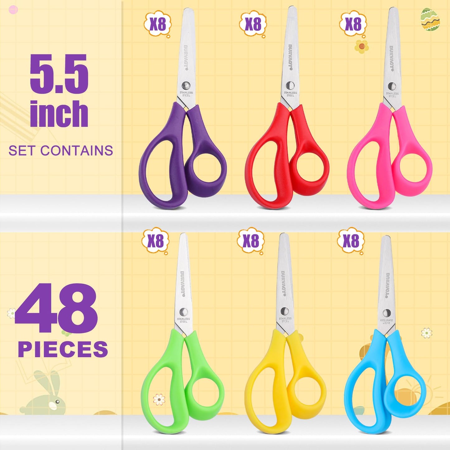 BURVAGY 48Pack 5.5" Safety Small School Kids Student Round Blunt Tip Craft Scissors Bulk, Stainless Steel Blades Comfort Grip Scissors for Kid Children Kindergarten Cutting Paper