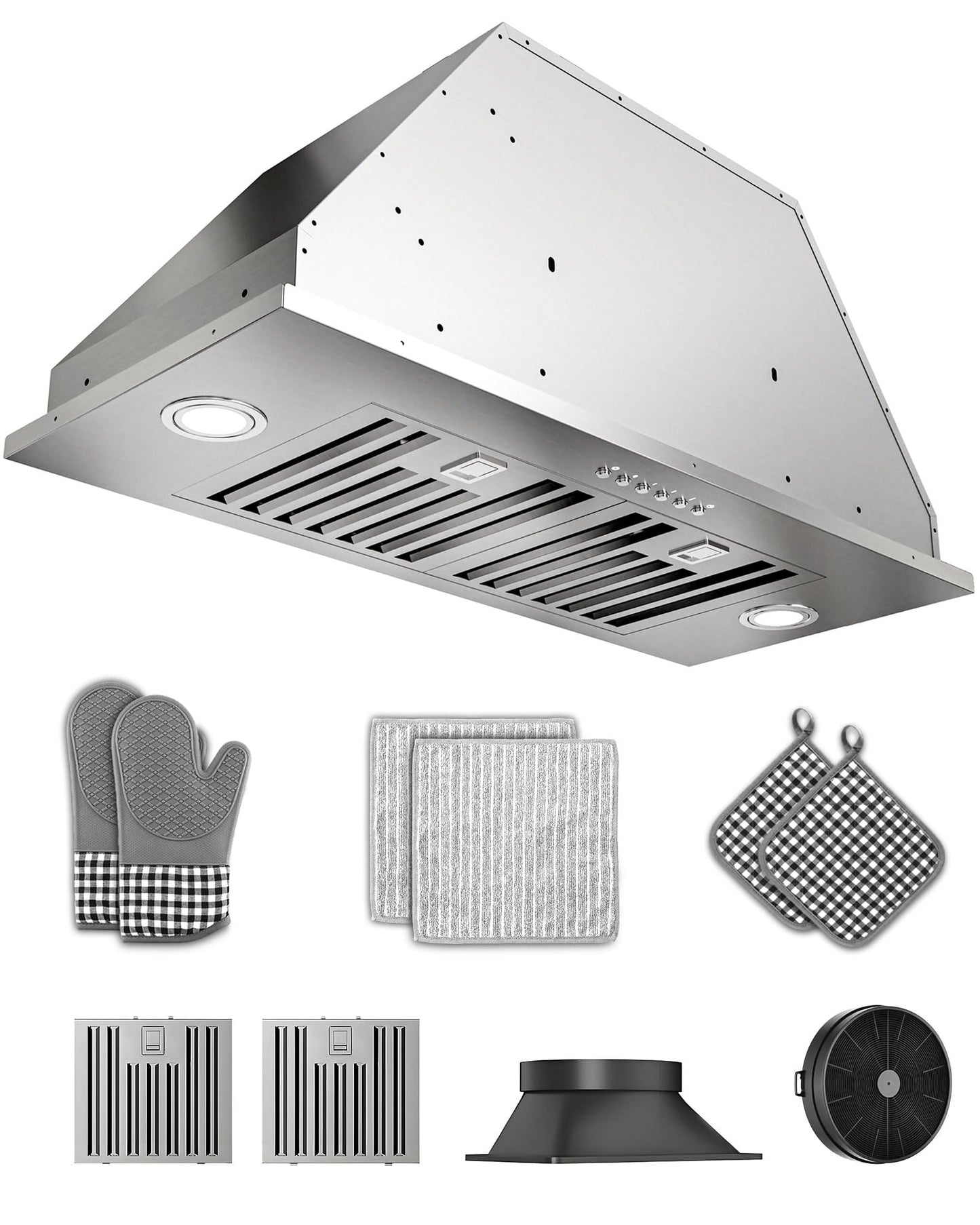 FlyPine 30 inch Black Stainless Steel Insert Range Hood - 900 CFM, Ultra-Quiet 4-Speed Vent, Button Control, LED Lights, Ducted/Ductless Convertible