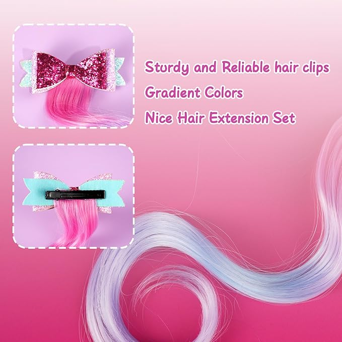 6 Pieces Unicorn Hair Clips for Girls, Bow Curly Rainbow Hair Extensions for Kids, Little Girl Hair Clips Accessories for Ponytails Princess Dress Up
