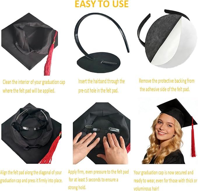 2 Pack Graduation Cap Headband Insert, Firm Anti-Fall Hair Band Holder with Hook and Loop Sticker, Secure Grad Hat & Hairstyle for Graduates Students Women (Cap Not Included)