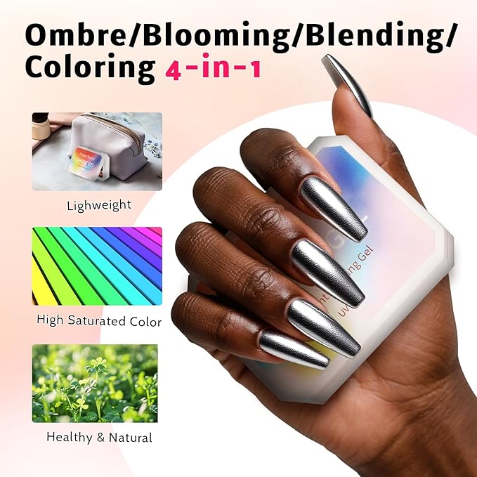 Chrome Metallic Gel Polish Set, Reflective Glitter Golid Silver Brown Blue Green Sparkle, 9 Colors Ombre Patting Gel Nail Polish Palette 100Sponges 6Brushes 1Grabber, No Wipe UV/LED Cured (Set 13)