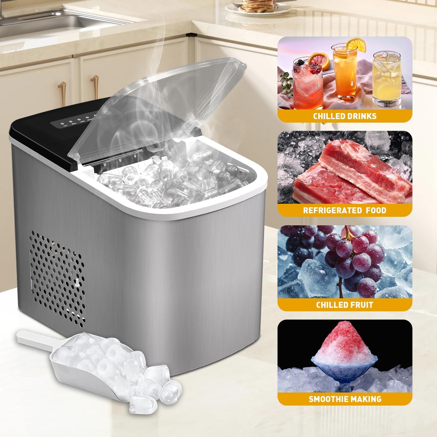 38lbs per Day Ice Maker Machine, Large Capacity Countertop Self-Cleaning, Fast Making 9 Ice Cubes in 3.5 Mins, 2 Bullet Sizes, Quiet Operation for Kitchen, Camping, RV, and Parties