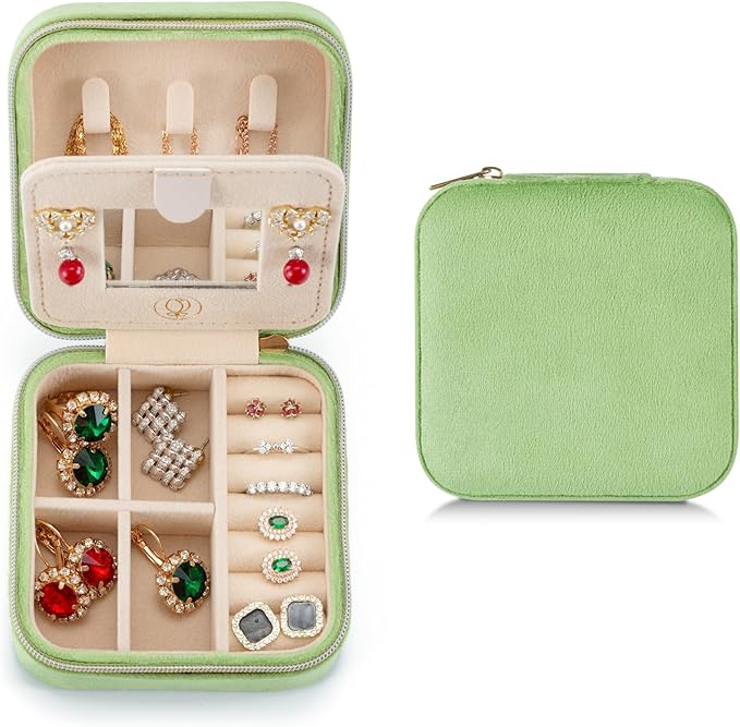 Plush Velvet Travel Jewelry Case, Travel Jewelry Organizer, Jewelry Travel Case, Travel Jewelry Box, Small Jewelry Case, Jewelry Travel Box, Earring Organizer with Mirror - LightGreen