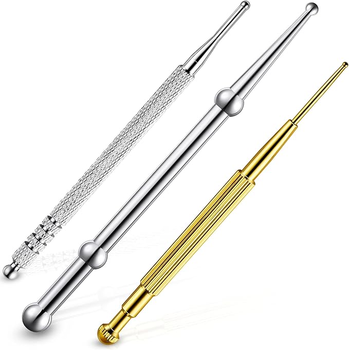 Nuanchu 3 Pieces Facial Reflexology Massage Tool Stainless Steel Manual Acupuncture Pen Retractable Acupuncture, Stainless Steel Double Headed Spring Loaded Ear and Body Point Probe Pen(Gold)