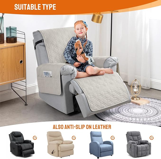 VANSOFY 100% Waterproof Recliner Chair Covers, Recliner Cover Non-Slip Dog Chair Cover Furniture Protector Washable Slipcover with Pocket, Elastic Straps for Pets, Dogs(Beige, 20")