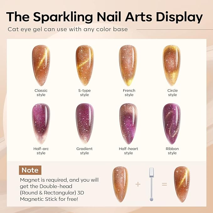 modelones Gel Nail Polish Set, 6 Colors Winter Nude Brown Gel Polish Glitter Burgundy Shiny Champagne Gold Magnetic Cat Eye Effect Sparkle Stunning Home Nail Art Kit Gift for Girl Women