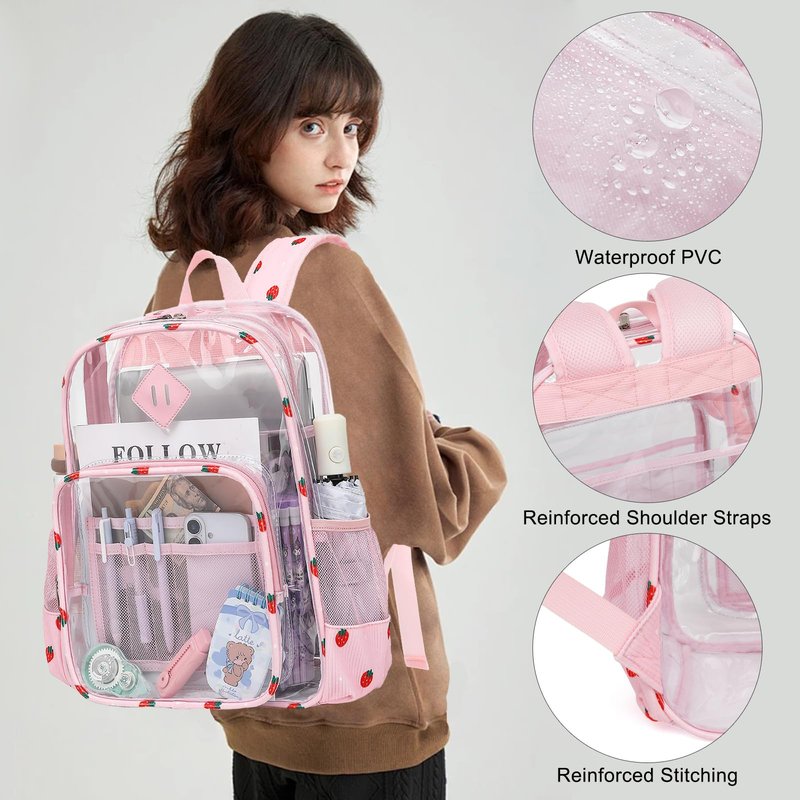 Xunteny Clear Backpack for Girls Women School Bookbag Heavy Duty Transparent Backpacks (Pink Corduroy Strawberry)