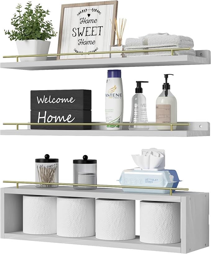 WOPITUES Floating Shelves for Wall 24 inch with Cube Shelf, Wall Shelves with Metal Rail for Decor, Bathroom Organizers and Storage, Over Toilet Shelves for Bathroom, Toilet Paper-White&Gold