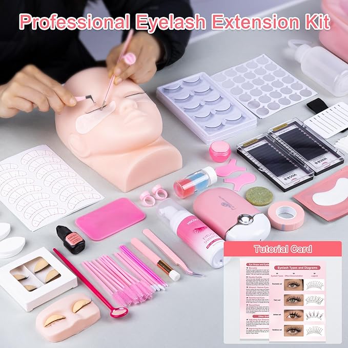 VISCOO Upgraded Eyelash Extension Kit for Beginners, Lash Extension Kit with Mannequin Head, Eye Model with Replacement False Lashes,Lash Starter Kit with Fan,Extension Glue and Remover for Training