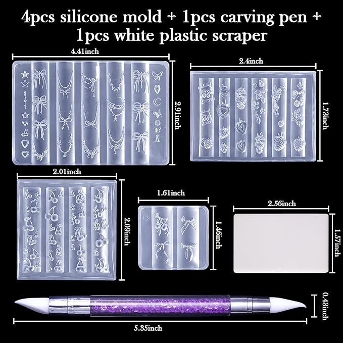 Laza 4pcs Silicone Nail Art Molds, Acrylic 3D Strawberry Bowknot Cherry Nail Charms Molds Clear Modeling Templates Fruit Pattern Nail Tools with Sculpture Pen for Salon Nail Design Resin Epoxy DIY