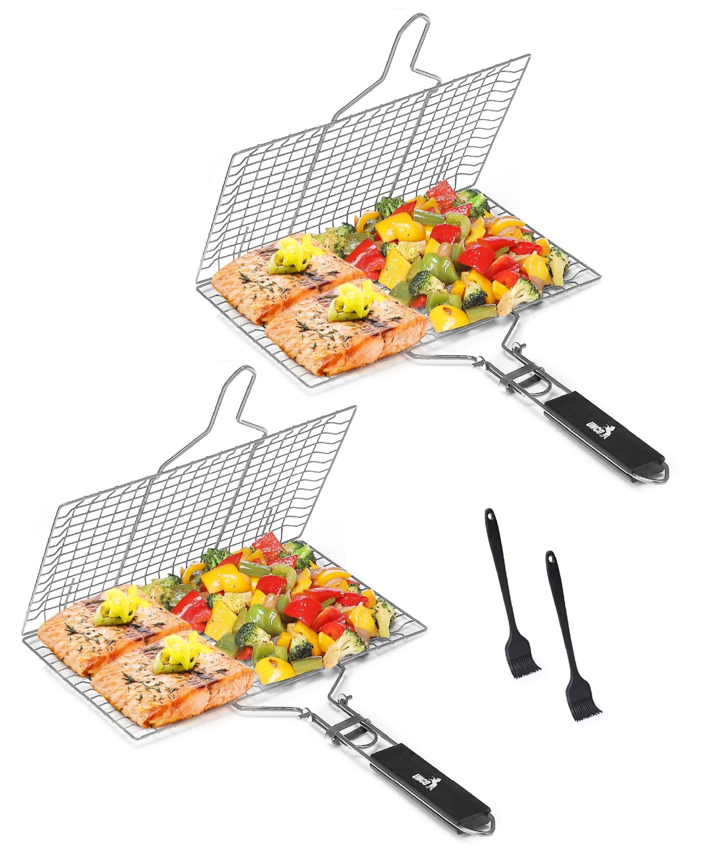 UNCO- Fish Grilling Basket, 2 Sets, Folding Portable Stainless Steel BBQ Grill Basket with Removable Handle and Silicon Basting Brush for Fish, Vegetables, Shrimp, Gifts for Dad, Husband & Friend