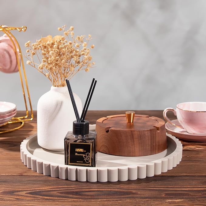 HighHerz Silicone Bathroom Countertop and Vanity Tray-10 Inch Round Silicone Bathroom Tray, Modern Bathroom Decor, Coffee Table Decor, Decorative Tray for Candle, Perfume, Plants (Khaki)