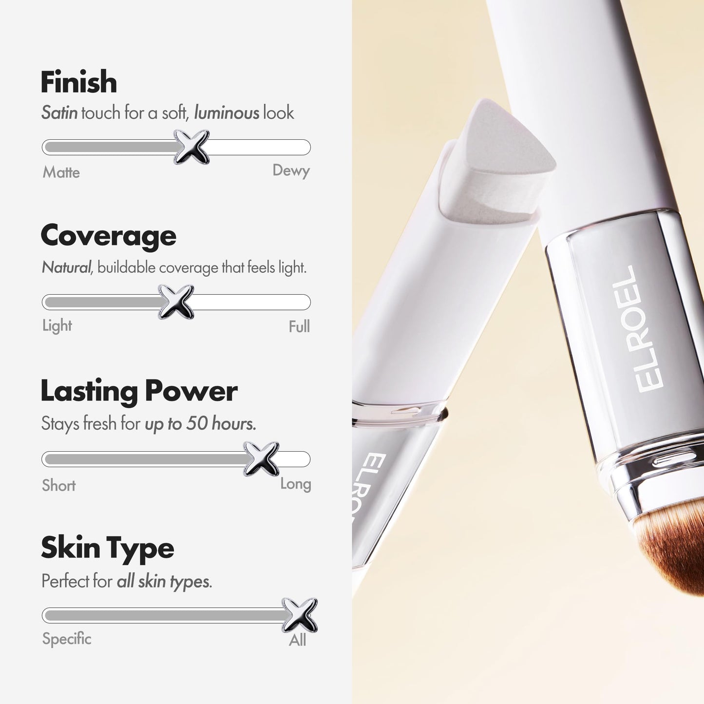 ELROEL Blanc Cover Cream Stick V White 0.45 oz - Korean Color-Changing Foundation Stick with Volufiline - Medium to Full Coverage Dewy Finish Base Makeup - Dual-Ended Detachable Brush (#202 Natural)