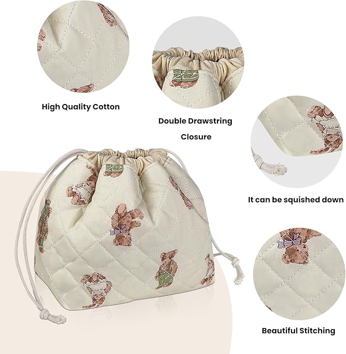 Gosect Large Makeup Bag, Cute Drawstring Cosmetic Bag with Canvas Lining, Floral Coquette Aesthetic Toiletry Bag, Travel Make Up Organizer Bag for Women and Girl (Bear