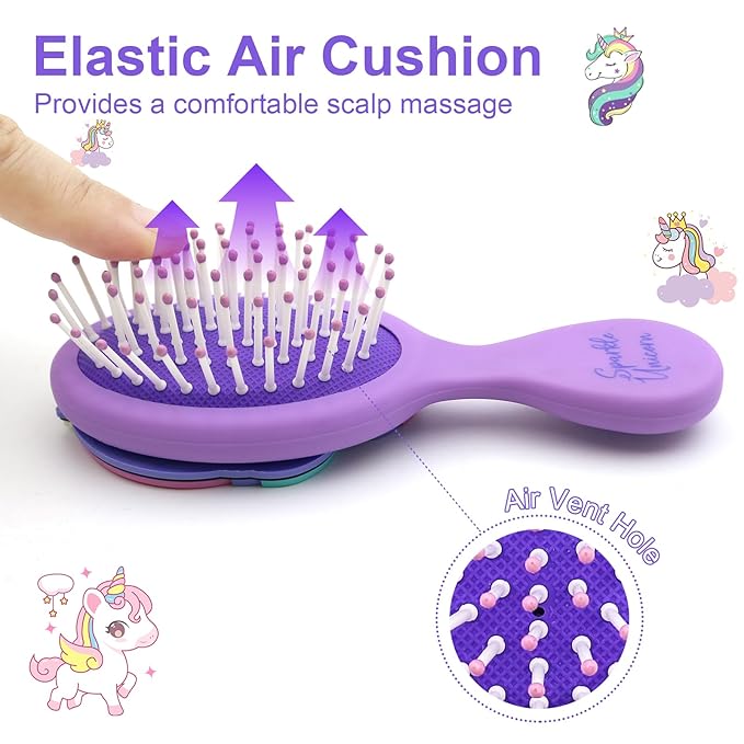 Toddler Hair Brush - Mini Hair Brush for Kids - Travel Brush for Boys and Girls - Unicorn Brush with Air Cushion - Purple