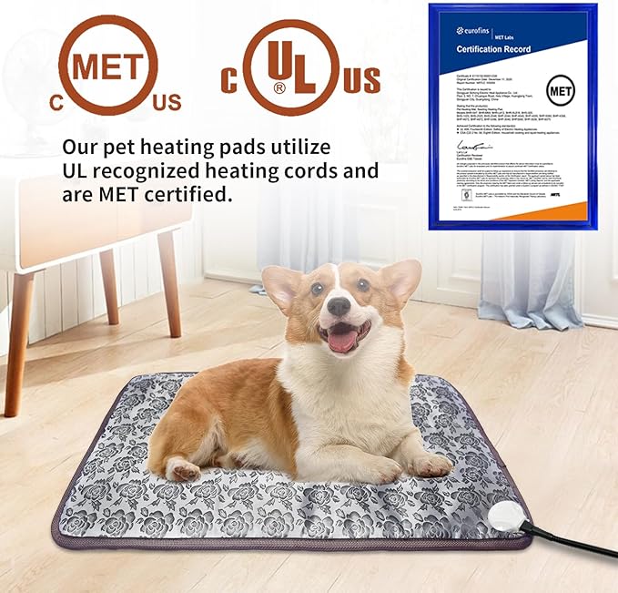 Pet Heating Pad 22x18 in with Smart Thermostat Switch and Power Line Protection Tube,Obtained MET and UL Dual Certification,Waterproof Cat Heating pad-Rose