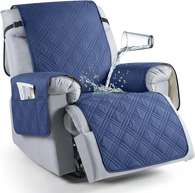 TAOCOCO 100% Waterproof Recliner Chair Cover, Non Slip Recliner Covers for Reclining Chair with Pocket, Washable Reclining Chair Cover Furniture Protector for Kids, Pets(Recliner Chair, Ocean Blue)