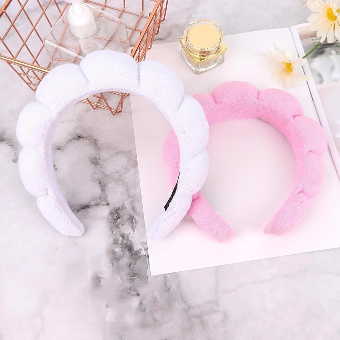AMCAMI Puffy Spa Headband for Women 2 PCS Sponge Headbands for Girls Terry Towel Cloth Fabric Head Band for Skincare,Makeup Removal,Face Washing,Facial Mask,Shower,Hair Accessories（White&Light Pink）