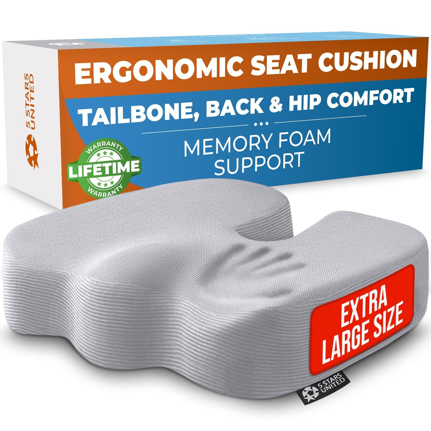 5 STARS UNITED Seat Cushion - Memory Foam Chair Cushion for Tailbone Pain Relief - Ergonomic Support for Coccyx, Sciatica & Butt - Office, Desk & Gaming Chair, Car Seat, Wheelchair, Airplane, L Gray