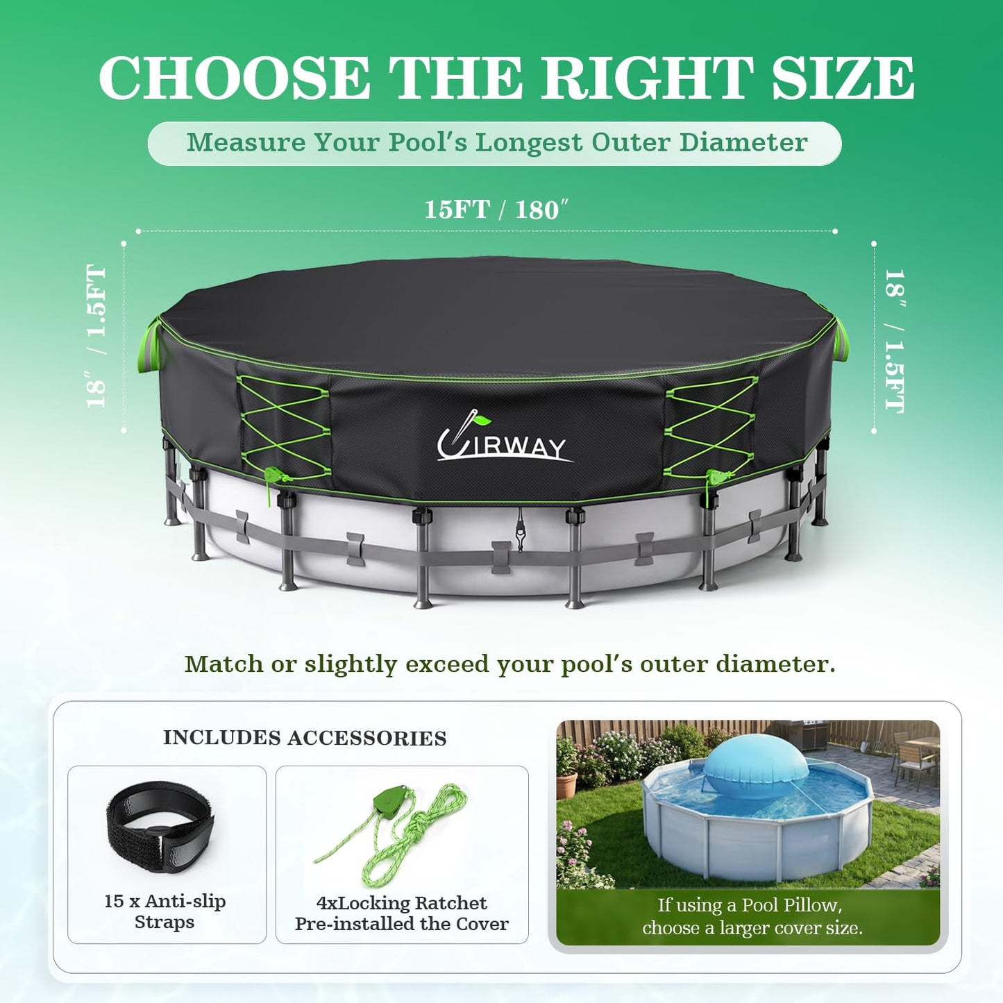 Uirway 600D Heavy duty 15ft Round Pool Covers For Above Ground Pools, Solar Pool Cover Windproof Ratchet Locking System & Reflective Drawstring, Weatherproof Hard Pool Covers UV Protection with Straps