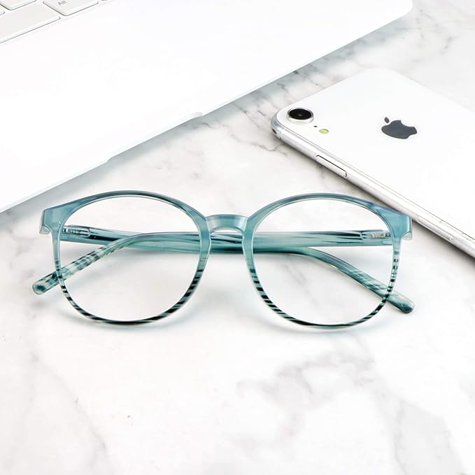 LifeArt Round Blue Light Blocking Glasses, Computer Glasses, Gaming Glasses, TV Glasses for Women Men (Striped Blue, 5.75 Magnification)