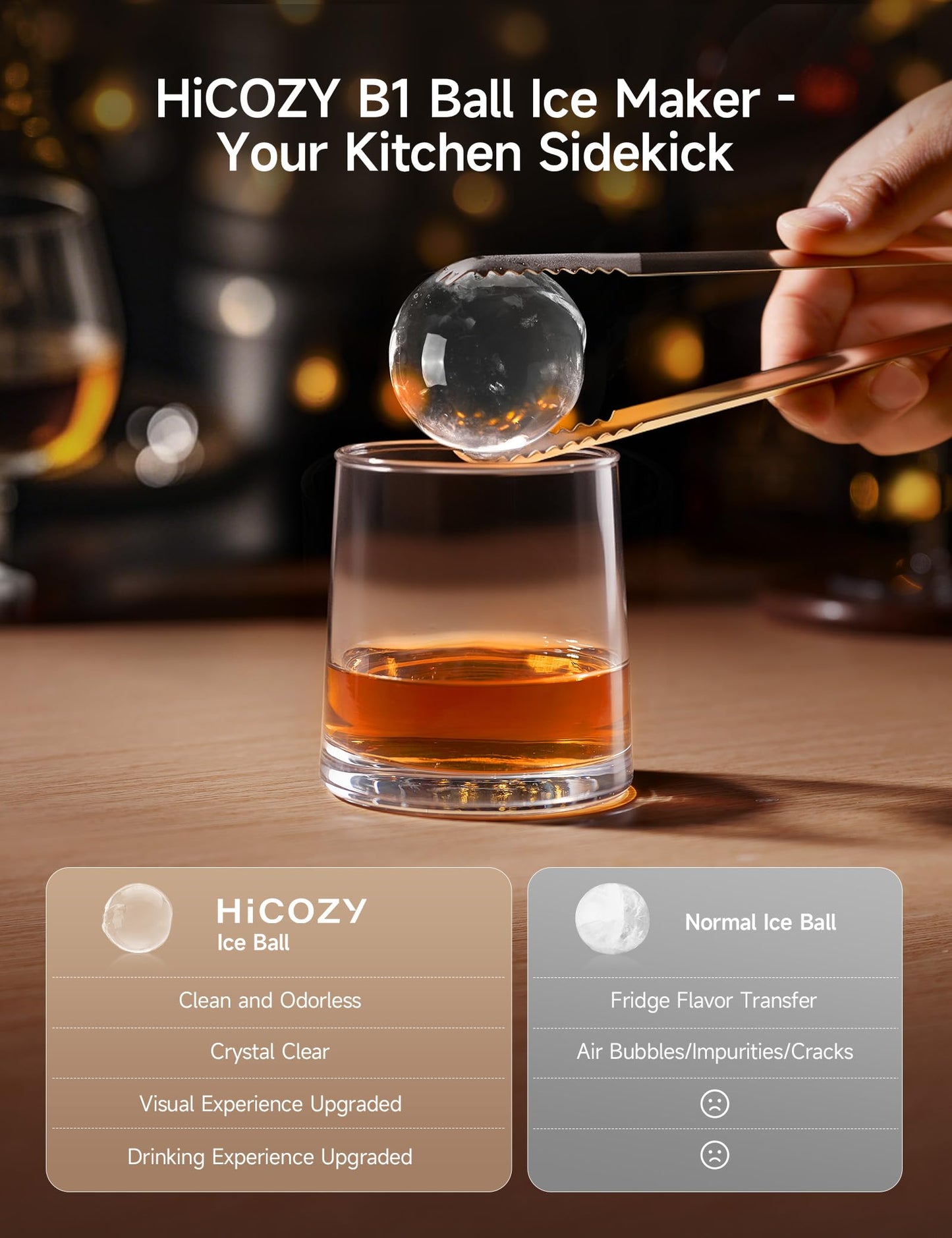 HiCOZY B1 2" Clear Ice Ball Maker Countertop,Sphere Ice Maker with IcyGem Technology, 2 Big Balls in 60Mins,40 pcs/Day, Self-Cleaning Ice Machine with Ice Tong for Cocktails, Whiskey, Mother‘s Gift