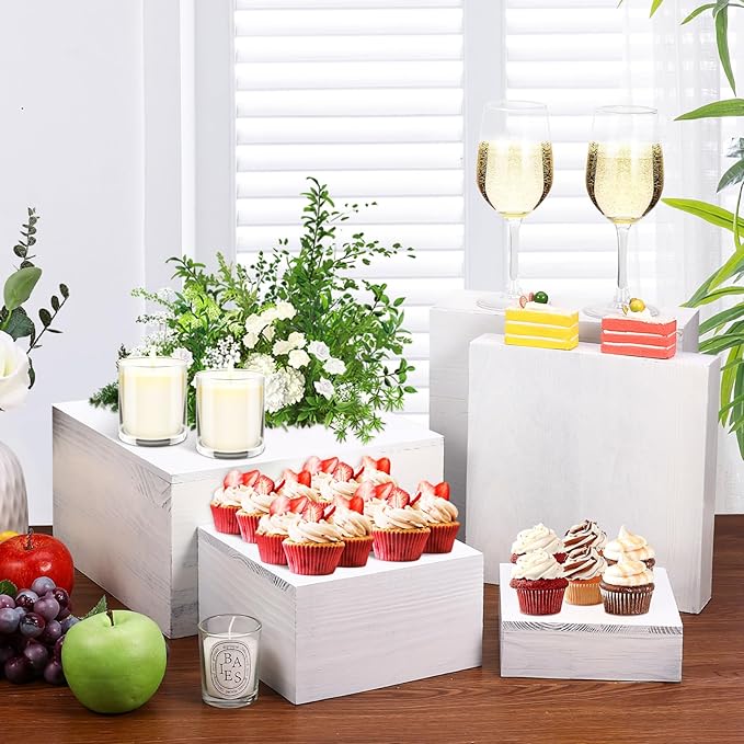 6 Pack Wooden Risers Display Stands Square Food Risers for Buffet Party Rustic Wood Cake & Cupcake Stands Nesting Box Wooden Crates for Display