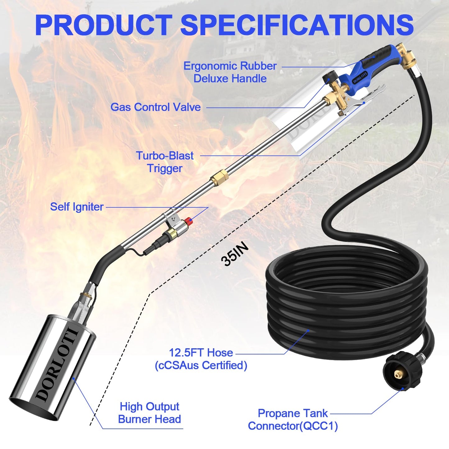 Propane Torch Weed Burner Kit, High Output with Long/Short Mode,12.5FT Hose Heavy Duty Blow Torch Flamethrower with Self Igniter and Turbo Trigger for Weeding,Roofing,Melting Ice,BBQ