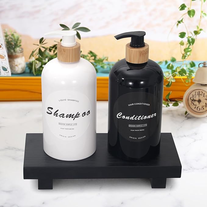 Black Bathroom Vanity Organizer Tray for Countertop Small Wooden Pedestal Stand Farmhouse Kitchen Sink Tray Decorative Hand Soap Dish Dispenser Holder Wood Risers Modern Bathroom Decor Accessories