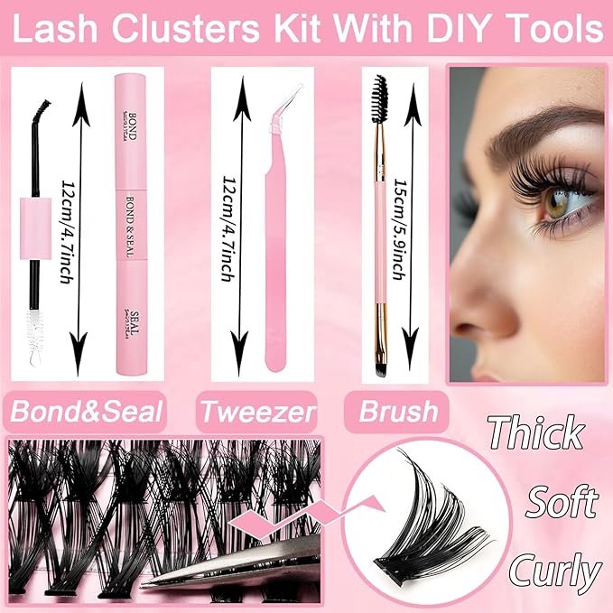 Lash Clusters Kit, 640 Pcs Eyelashes Clusters Extensions Kit 9-16mm Individual Lashes D Curl Fluffy Wispy False Eyelashes Thin Band, with Bond Seal Remover Tweezers Brush (30D+40D+50D+40D Kit 9-16mm)