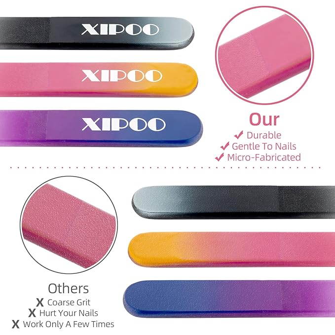 XIPOO Premium Crystal Glass Nail File - 3 Pack with Case, Professional Salon Manicure Tool for Natural Nails, Gift for Women and Girls
