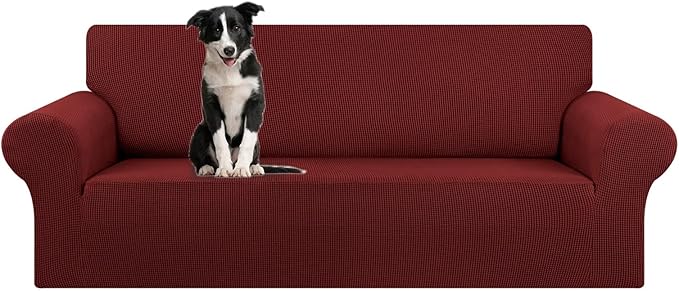 KEKUOU Stretch Oversized Sofa Slipcover 1 Piece Couch Sofa Cover (94"-110") Furniture Protector 4 Seater Sofa with Elastic Bottom for Kid,Pet.Jacquard Checked Pattern Fabric(X Large,Dark Red)