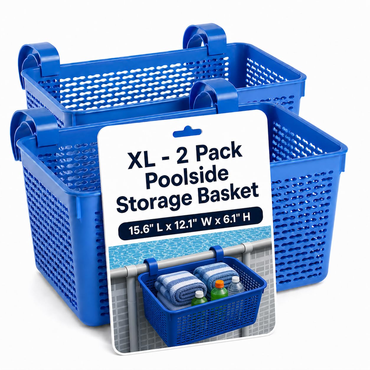 Papapacks 2 Packs XL Poolside Storage Basket for Above Ground Pools – 15.6" L x 12.1" W x 6.1" H - Swimming Pool Organizer Patio Accessories – Made in Europe – (Blue)