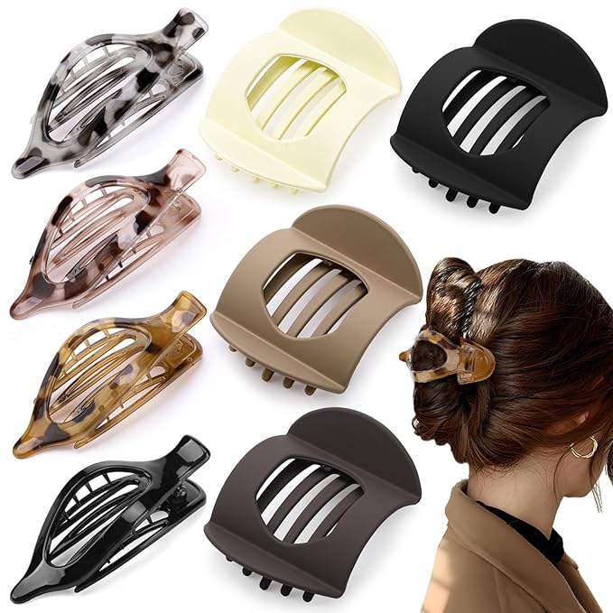 8 Pcs Flat Hair Clips for Women, 2 Styles French Flat Claw Clips for Women, Large Strong Hold Lay Down Claw Clips for Thick Thin Hair(Tortoiseshell)