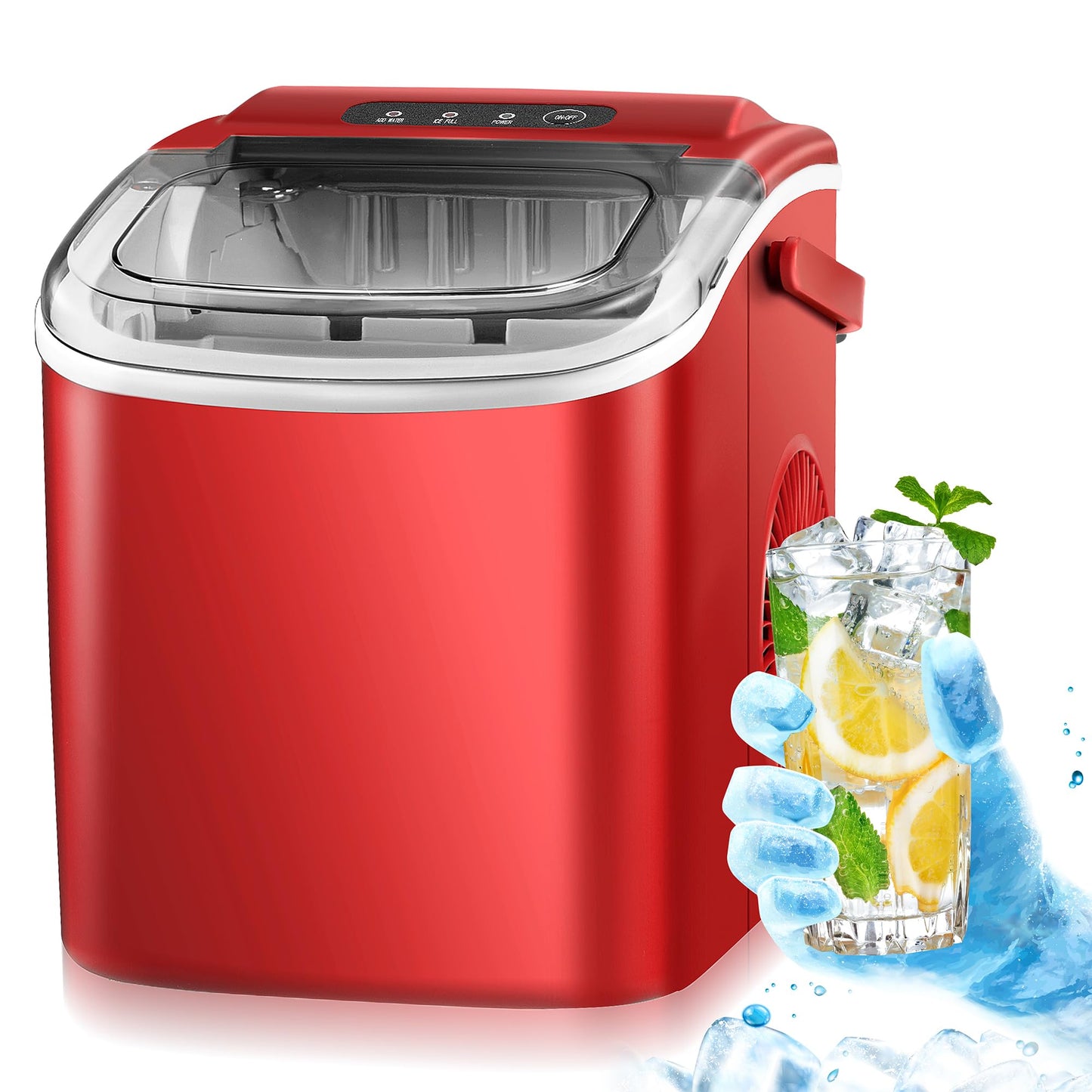 Electactic Ice Maker Countertop, Efficient Easy Carry Ice Machine, Self-Cleaning Ice Maker with Ice Scoop & Basket, 9pcs/ 8mins 26.6Lbs Per Day for Home/Office/Kitchen,Red