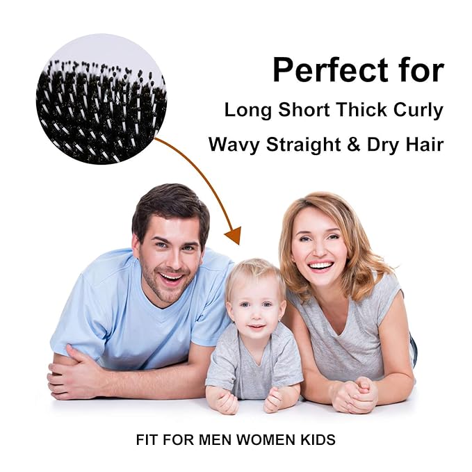 2Pcs Hair Brush Mini Boar Bristle Hairbrush for Thick Curly Thin Long Short Wet or Dry Hair Detangle Massage Add Shine, Pocket Travel Small Paddle Hair Brush for Men Women Kids