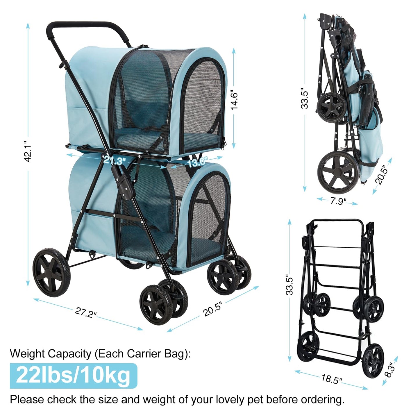 LPOTIUS Double Pet Stroller for Dogs and Cats with 2 Detachable Carrier, Quick-Folding Dog Stroller for Medium Small Dogs Cats, 4 Wheels, Light Blue