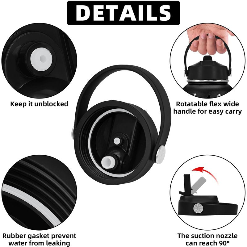 XccMe Straw Lid for Hydro Flask Wide Mouth,Lids with Straw for Hydroflask 12 16 18 20 32 40 oz Wide Mouth,Leak-Proof Drinking Cap with Flexible Handle,Top Sport Bottle Lids with Lid Brush,Black