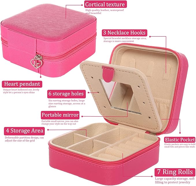 KElofoN Travel jewelry case Travel jewelry box Travel Jewelry Organizer Small Jewelry Organizer Box Gift for Girls Women with Mirror(Rosy)