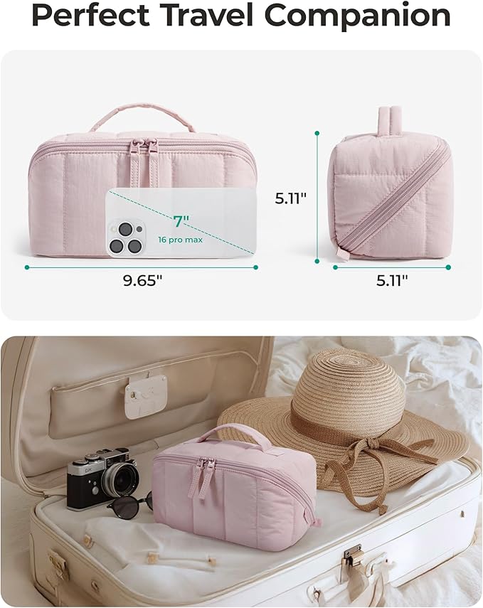 BAGSMART Travel Makeup Bag for Women, Portable Water-resistant Cosmetic Case, Puffy Padded Make Up Organizer Pouch, Open Flat Toiletry Bag for Toiletries, Brushes, Forest Green
