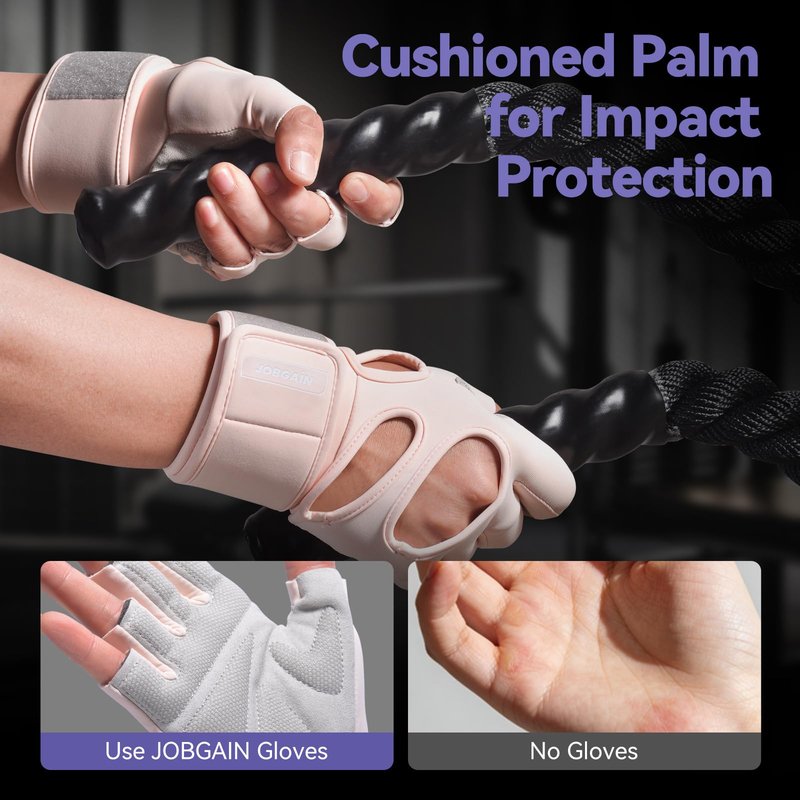JOBGAIN Workout Gloves for Men and Women, Gym Weight Lifting Padded Gloves with Wrist Wrap Support, Full Palm Protection & Extra Grips, for Weightlifting, Exercise, Pull-Up, Pink, Size M