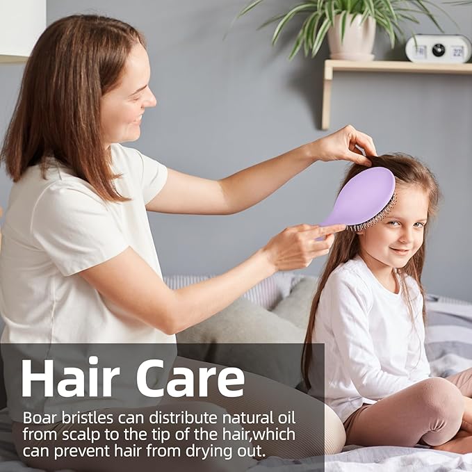 Boar Bristles Hair Brush for Women and Men, Detangling Hair Brush for Smoothing Massage Add Shine, Nylon&Boar Bristles Detangler brush for Hair Healthy (1 Pcs-Purple&White)