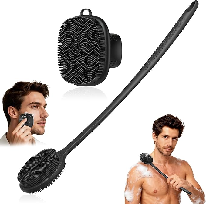 Back Scrubber for Shower & Face Scrubber, 2Pcs Silicone Exfoliating Brush Set with 17In Long Handle, Soft Body & Facial Cleansing Scrubber for Men Women